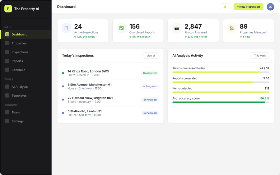 Property AI live walkthrough — Dashboard, Inspections, AI Analysis, Reports